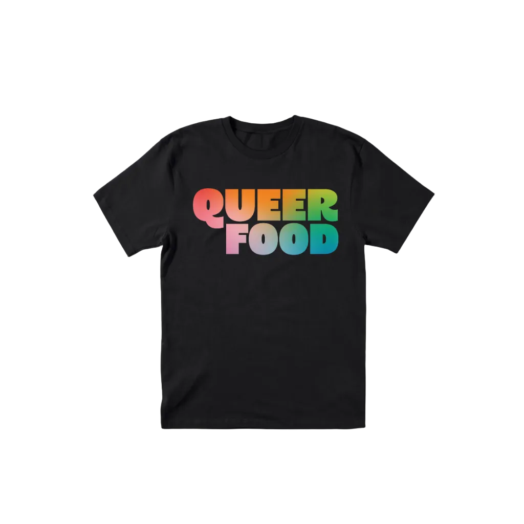 Black t-shirt with 'QUEER FOOD' in colorful letters on a pink background